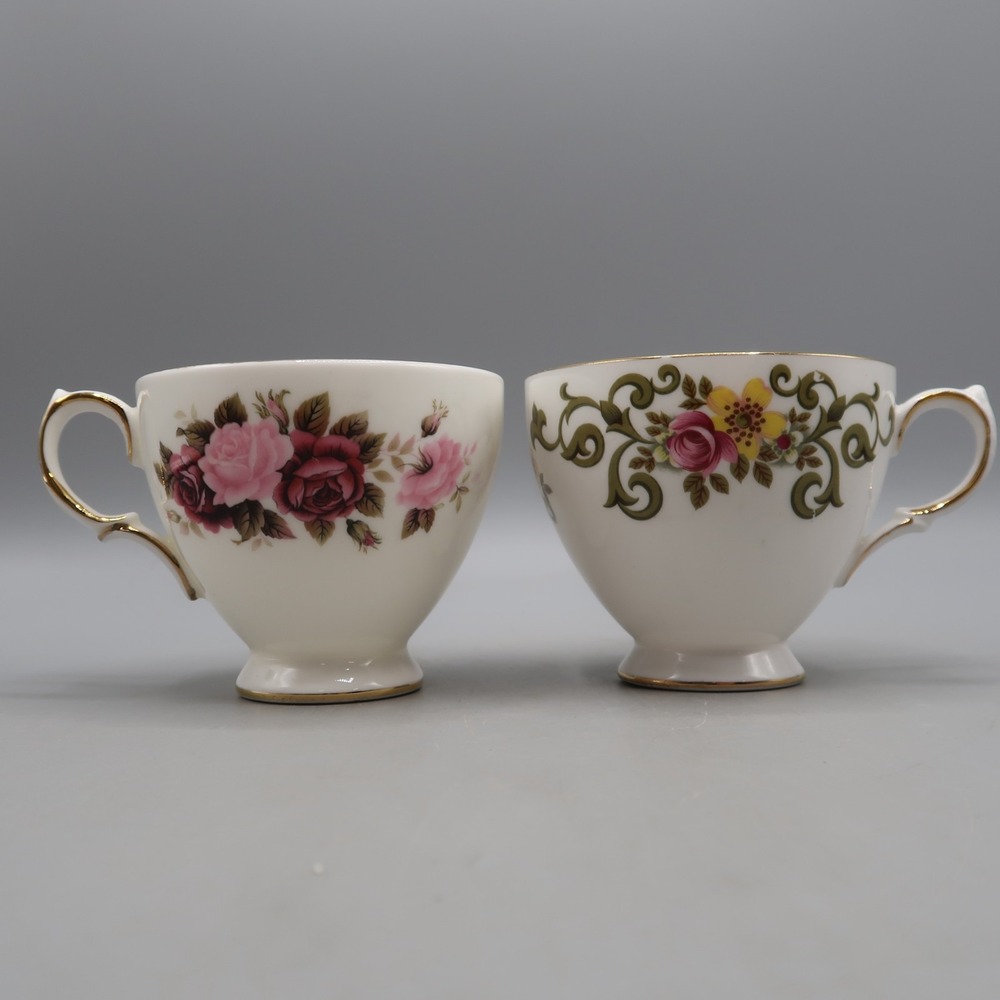 2 Queen Anne Fine Bone China Teacup Set Floral White Gold Trim